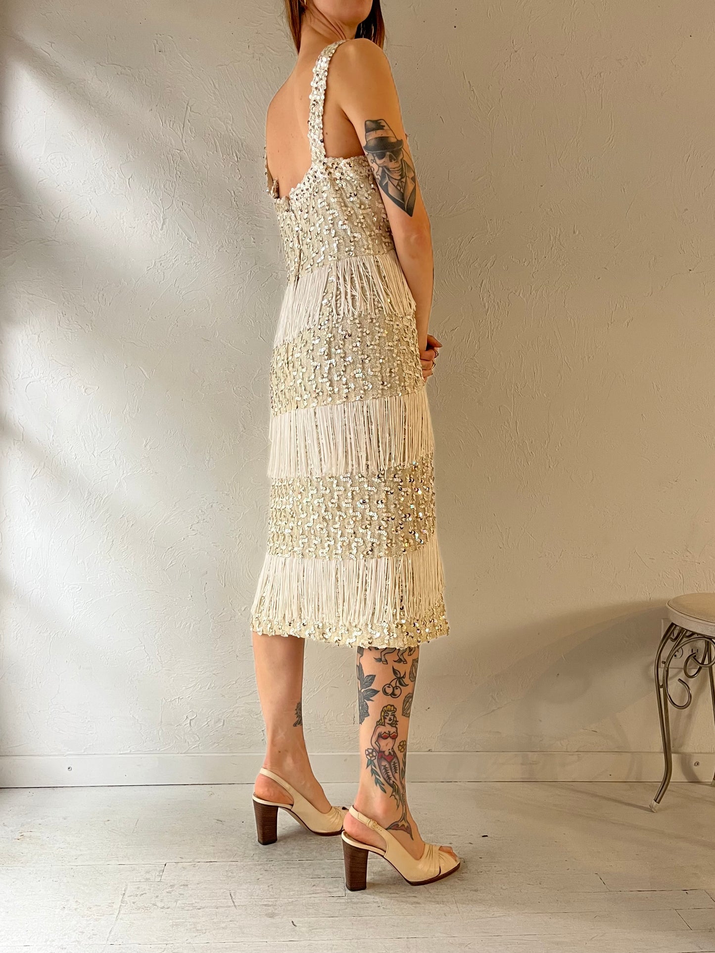 70s 'Lilli Diamond' Silver Sequin Fringe Dress / Medium
