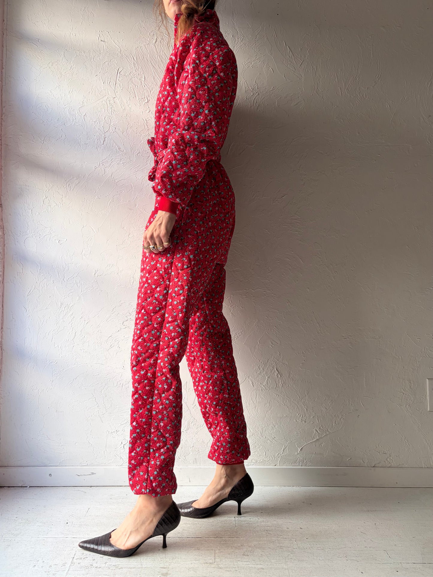 80s 'G. Caseratti' Red Floral Print Quilted Retro Cottagecore Jumpsuit / Small