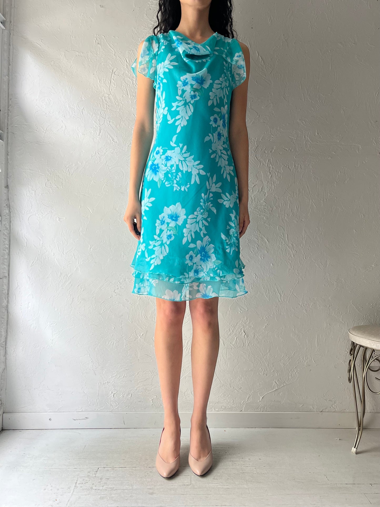 90s 'Jessica' Blue Floral Summer Dress / 1990s Romantic Slip Style Sundress / Small