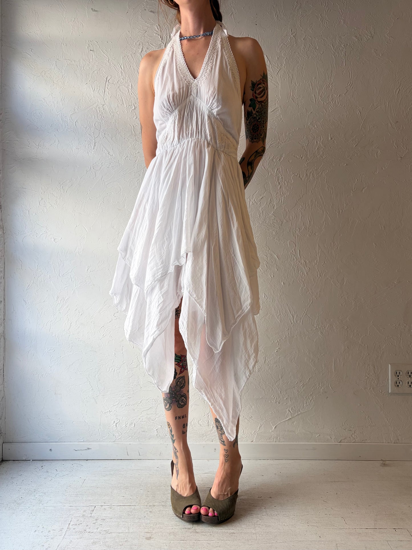 Y2k White Cotton Embroidered Hippie Boho Fairycore Mini Summer Dress / Small - Medium