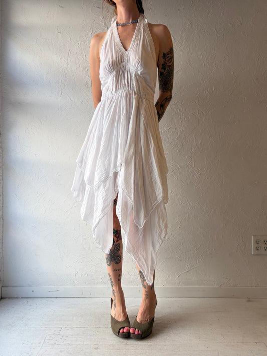 Y2k White Cotton Embroidered Hippie Boho Fairycore Mini Summer Dress / Small - Medium
