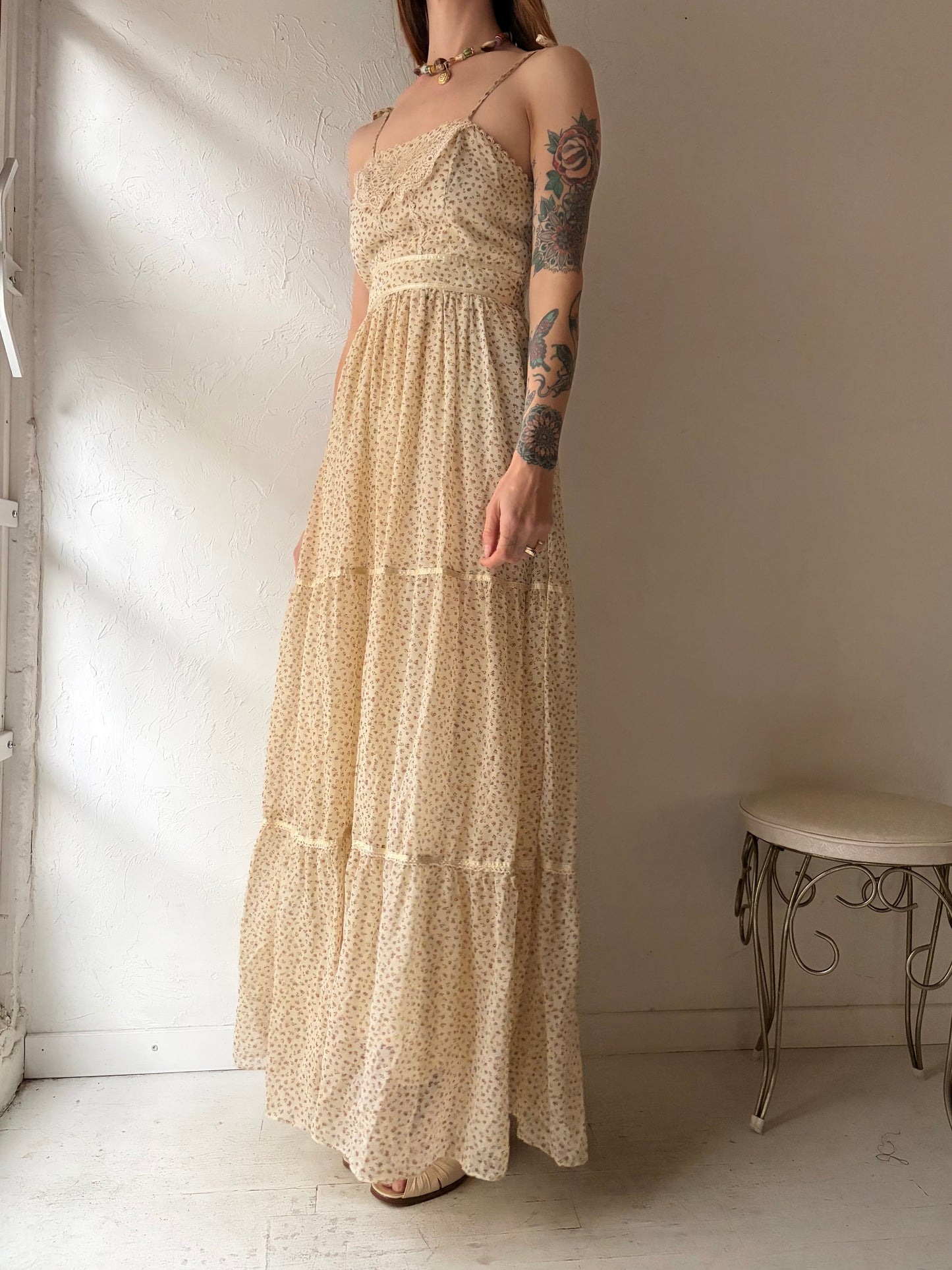 70s 'Candi Jones' Beige Peasant Dress / Small