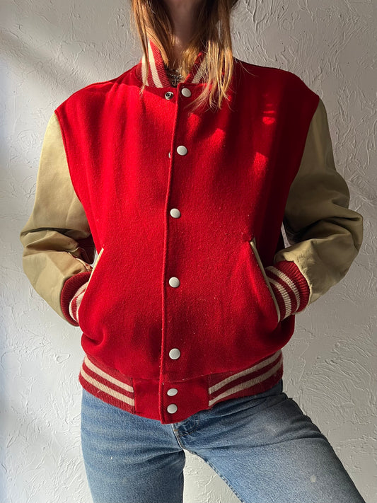 70s 'Arsco' Red Wool Leather Varsity Jacket / Small