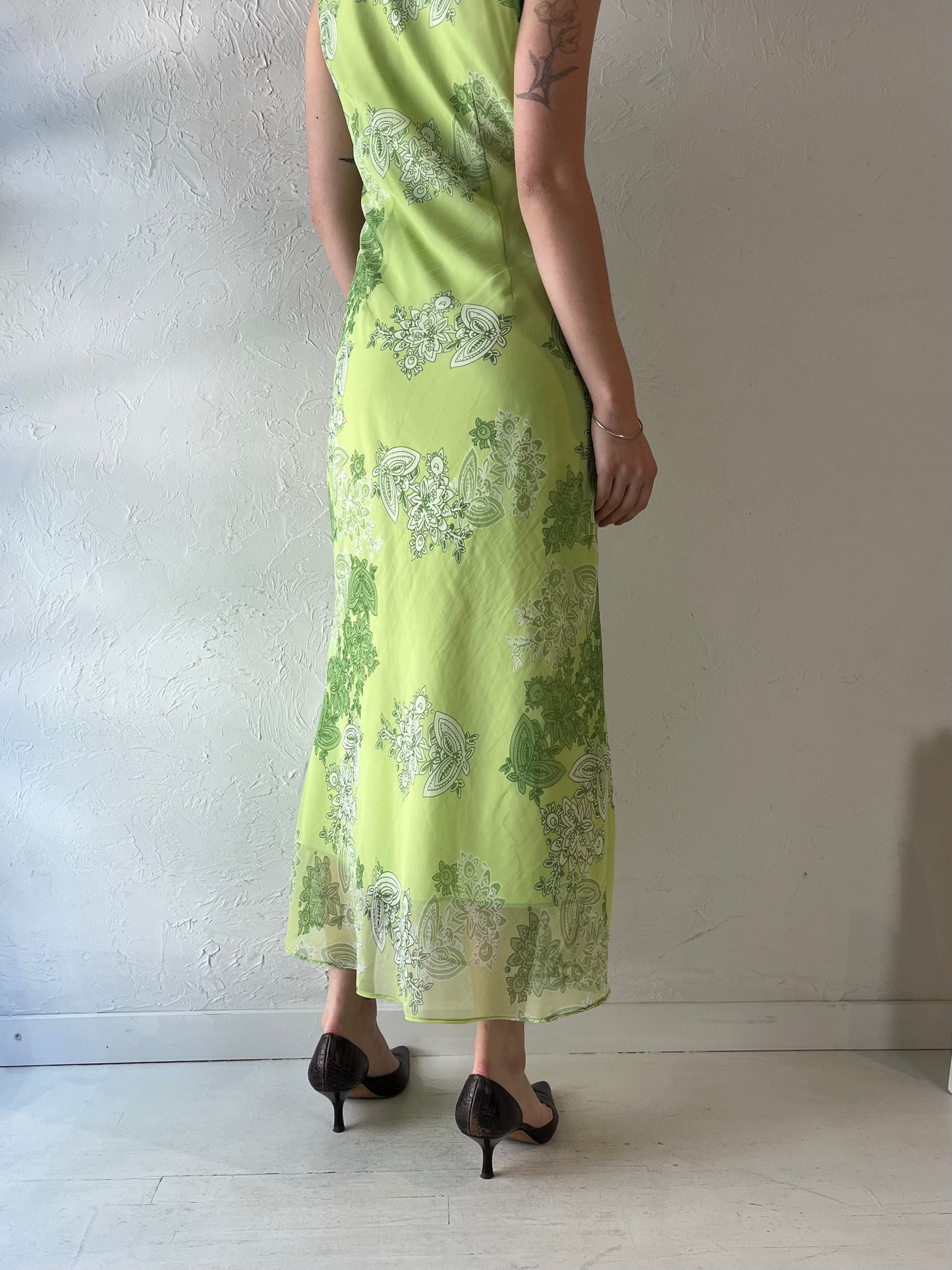90s 'Jessica' Lime Green Mesh Maxi Dress / Medium