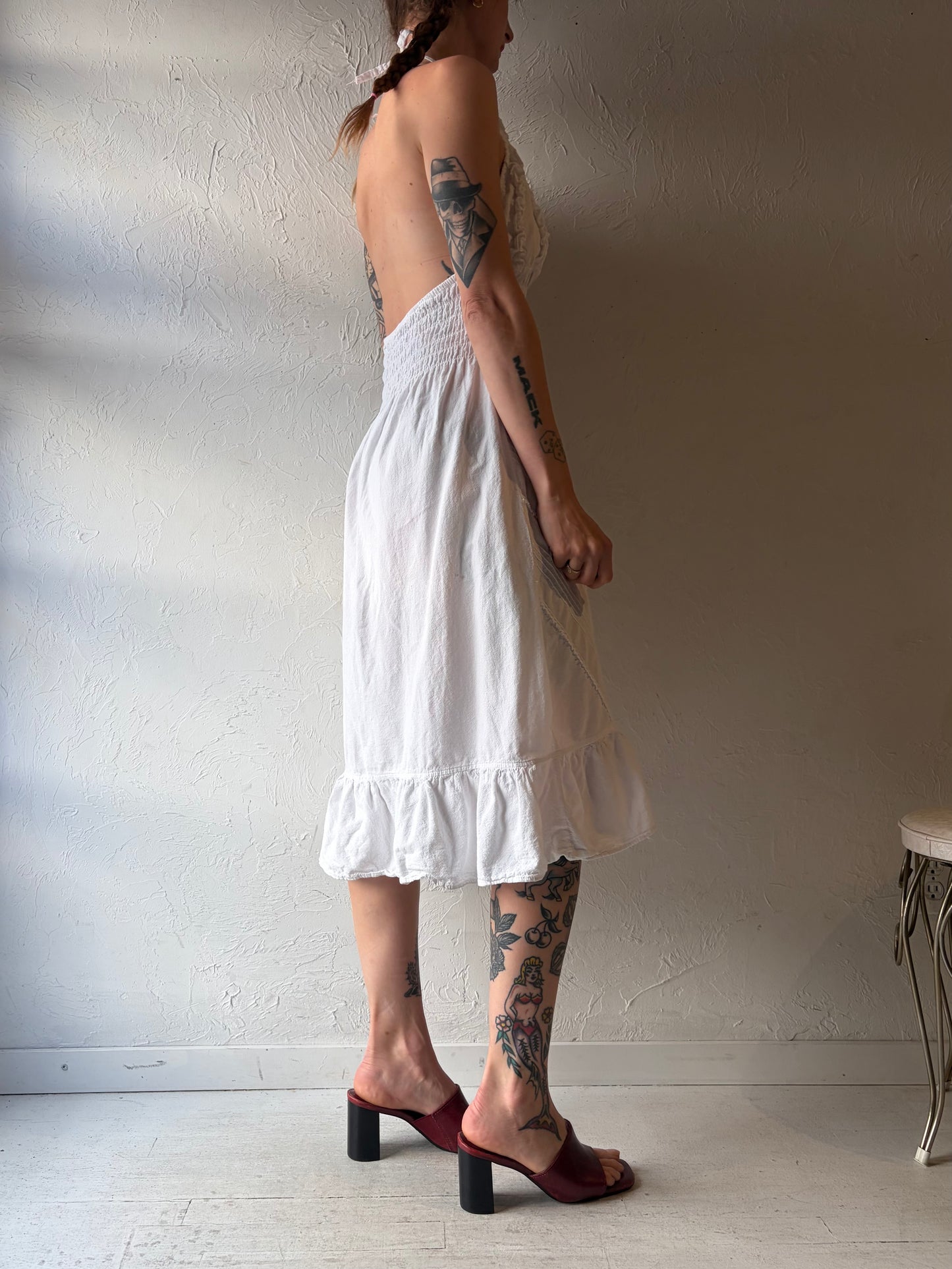 Vintage White Cotton Halter Beach Dress / Large