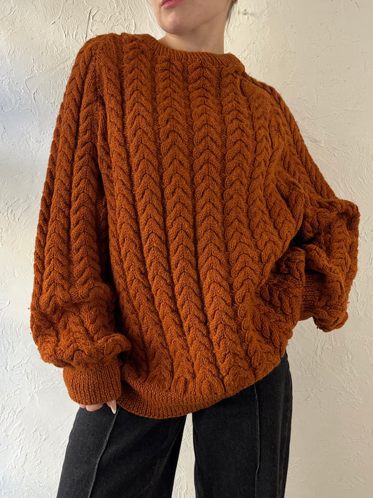 Vintage Hand Made Burnt Orange Cable Knit Sweater / Large