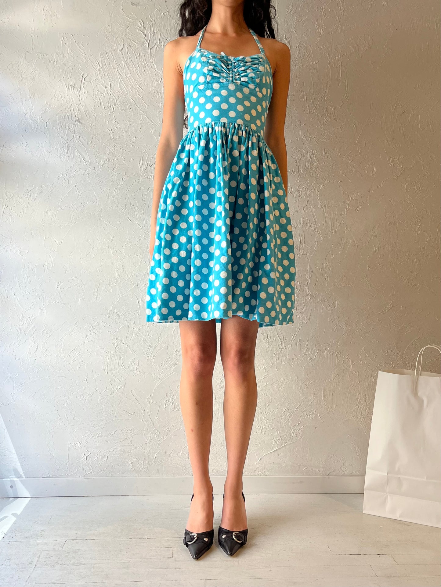 80s Blue Polka Dot Pin Up Dress / XSmall