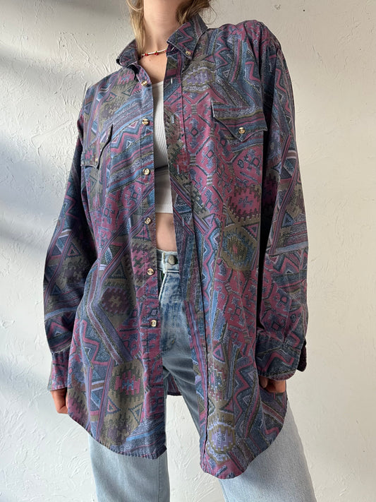 90s 'MWG' Purple Patterned Western Shirt / Large