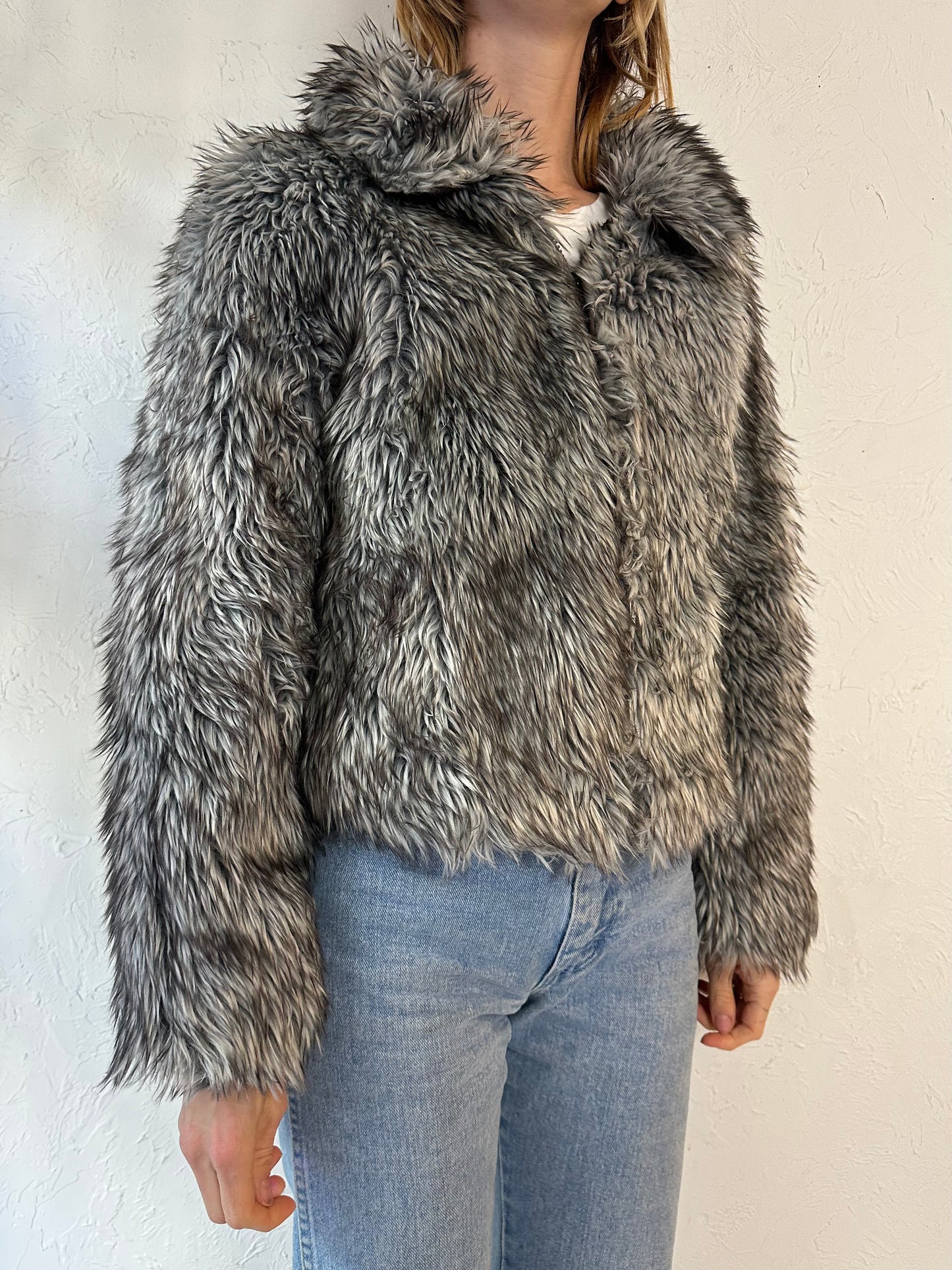 90s 'Le Chateau' Gray Faux Fur Jacket / Small