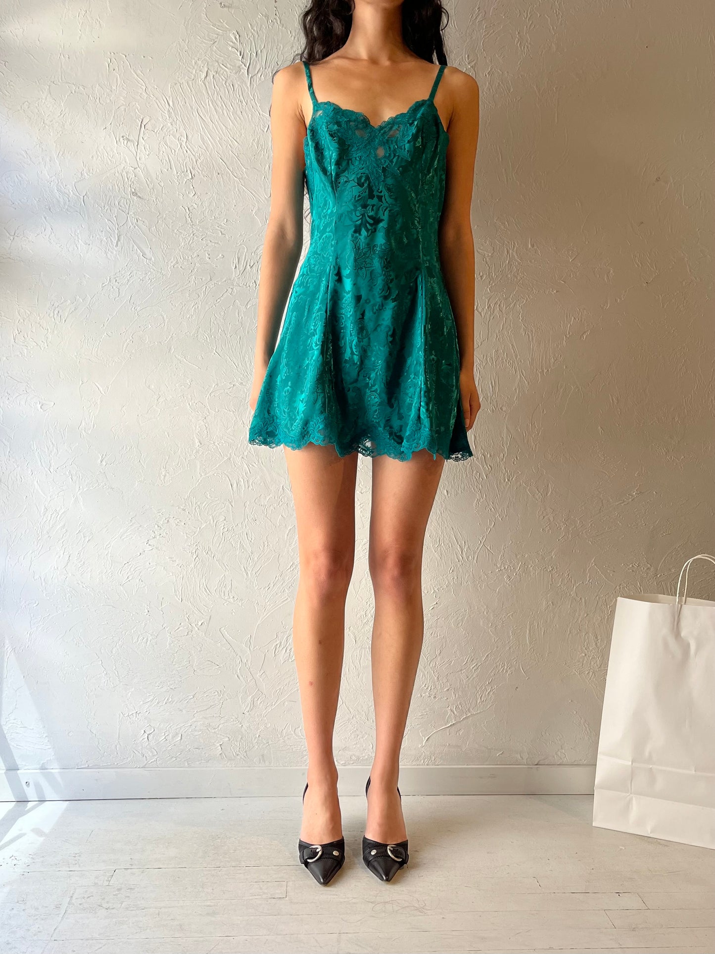 90s ‘Victoria's Secret’ Green Mini Lingerie Slip Dress / Small