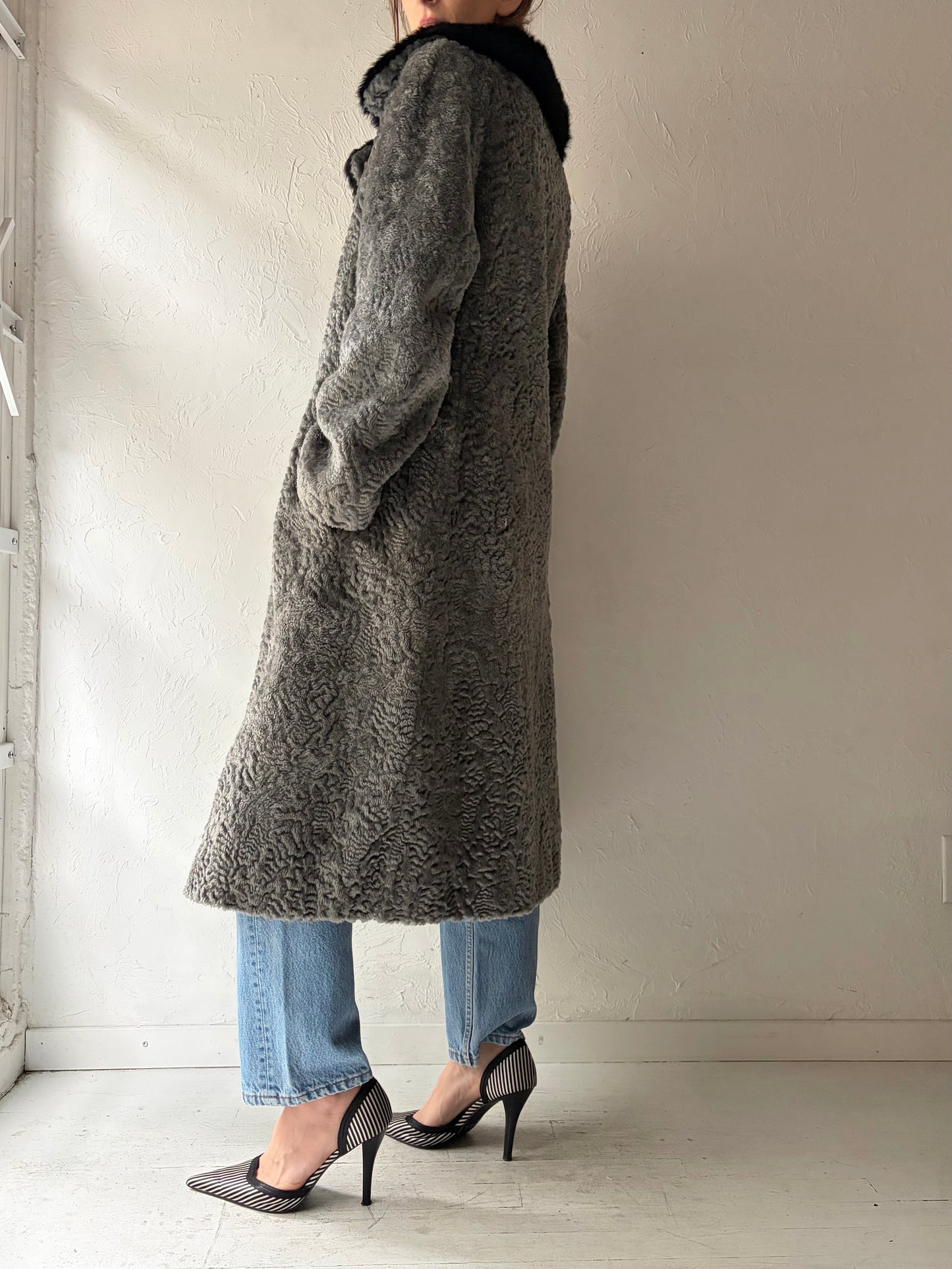 80s Grey Faux fur Coat / Large