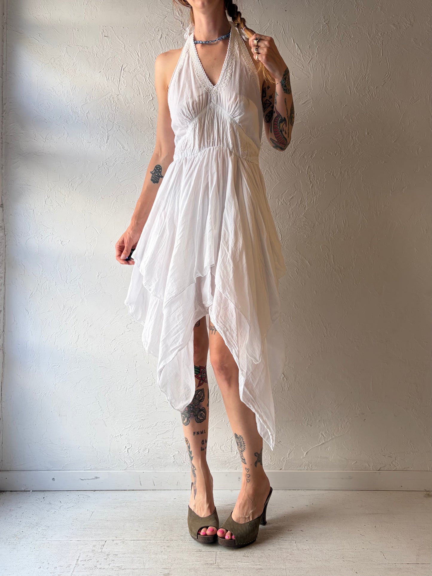 Y2k White Cotton Embroidered Hippie Boho Fairycore Mini Summer Dress / Small - Medium