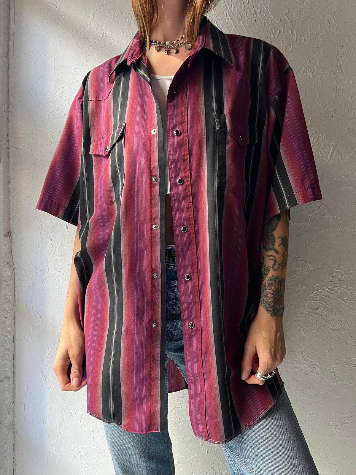 Y2k 'Wrangler' Striped Western Cowboy Workwear Short Sleeve Snap up  Top / Large