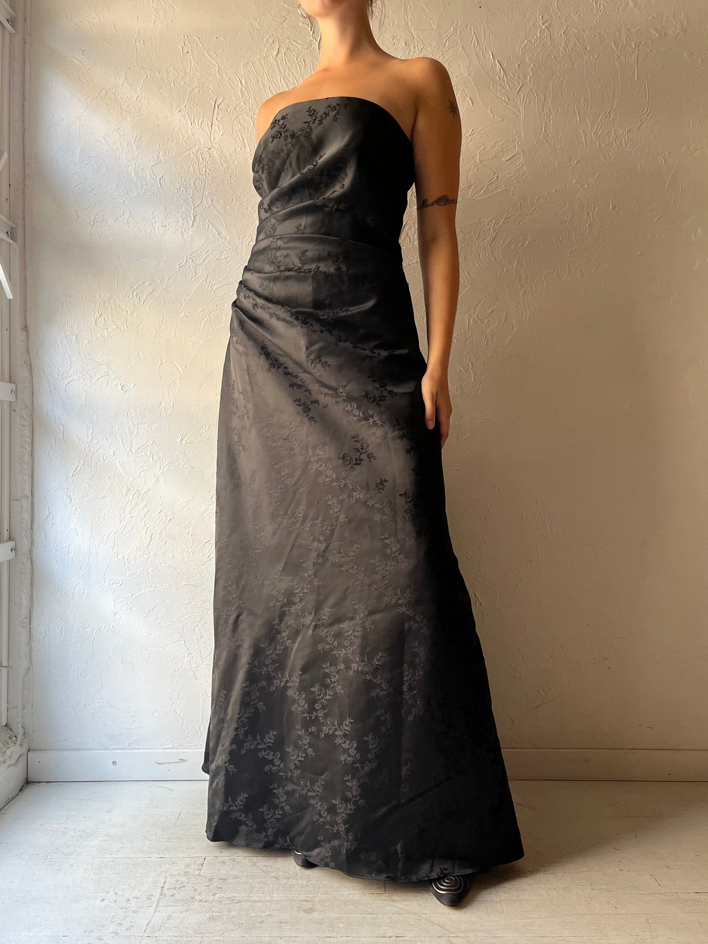 90s 'Urban Girl Nites' Black Romantic Strapless Formal Party Maxi Dress / Medium