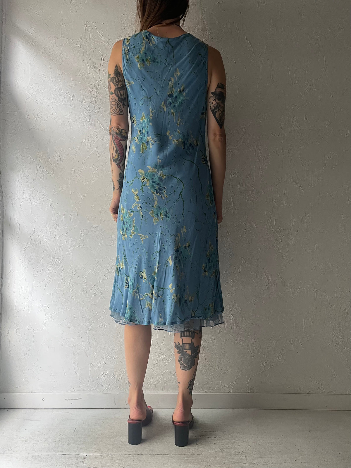90s 'April Cornell' Blue Floral Grungecore Cottagecore Midi Dress / Small