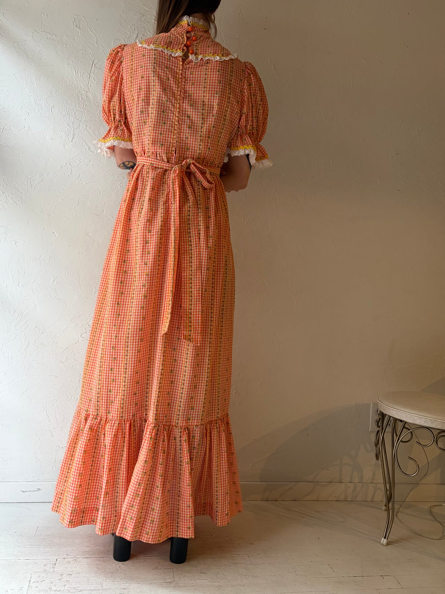 70s Handmade Orange Floral Cottage-core Prairie Style Summer Maxi Dress / Small