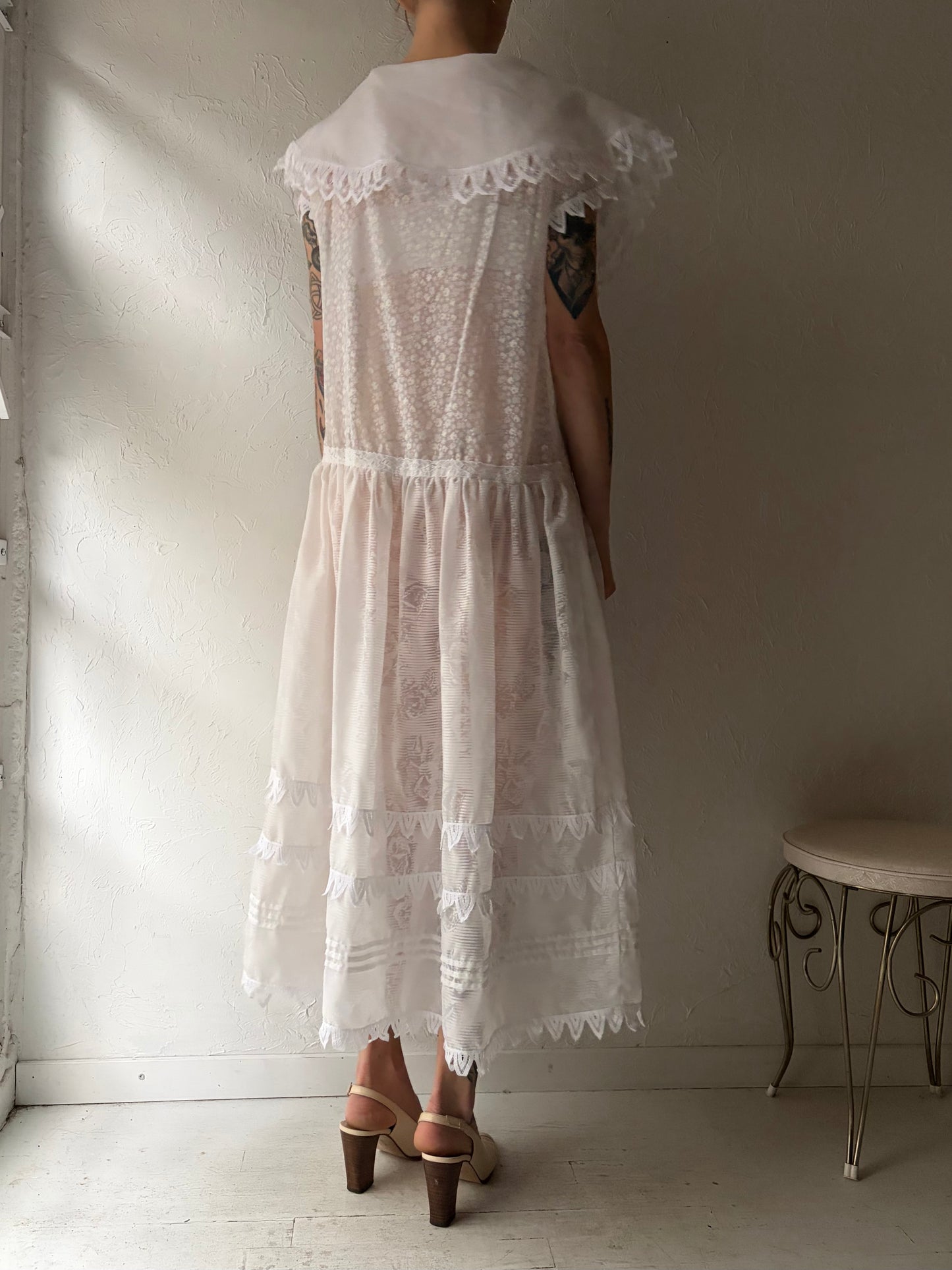80s ‘Editions’ White Collared Sheer Dress / Large