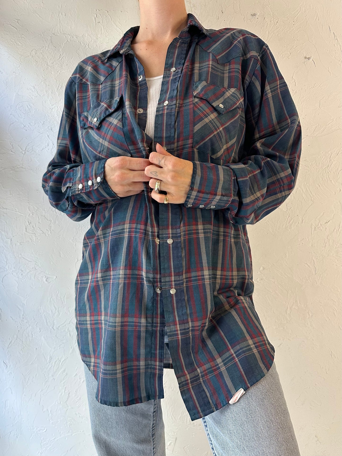 80s 'MWG' Light Weight Plaid Western Pearl Snap Shirt / Medium