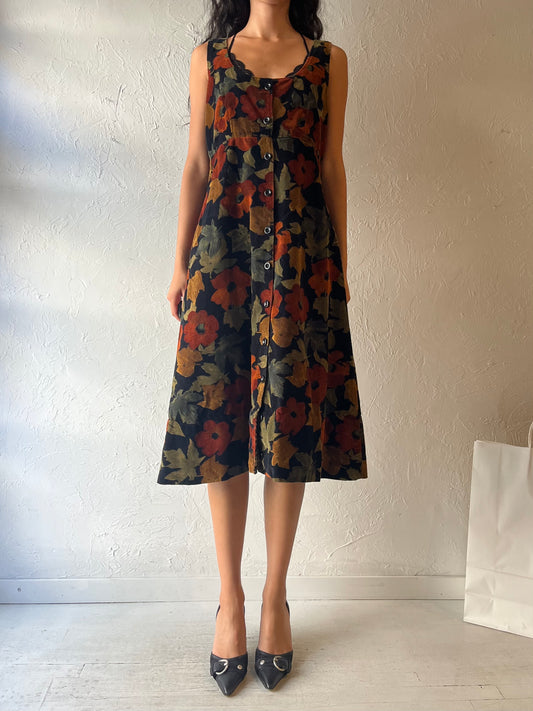 Handmade Floral Corduroy Button up Midi Dress / Medium