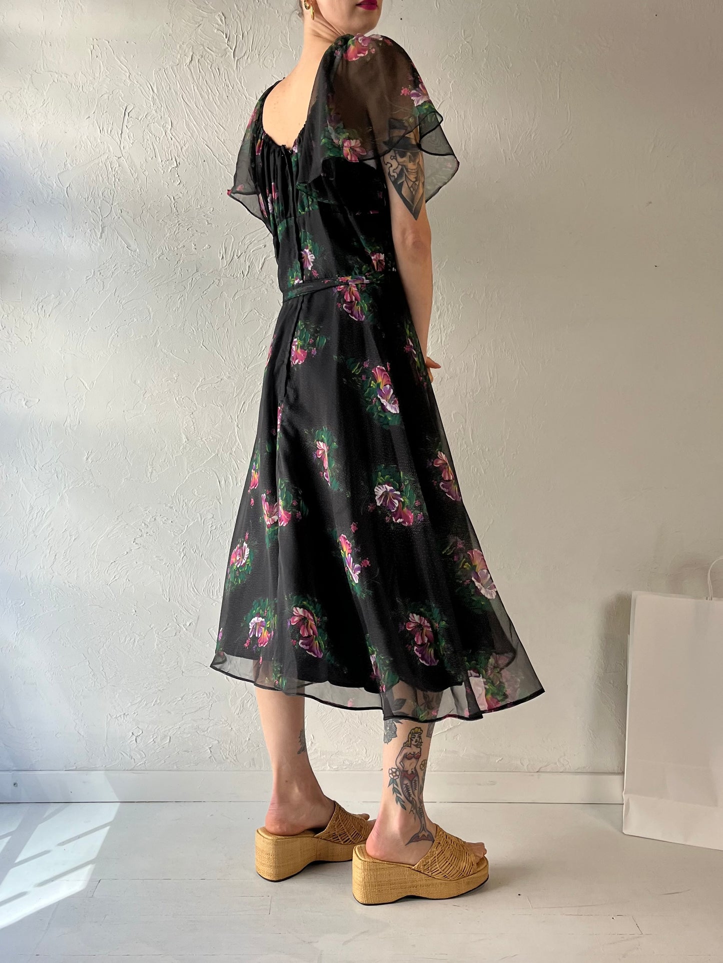 80s 'Sandi Gale' Black Floral Print Dress / Small
