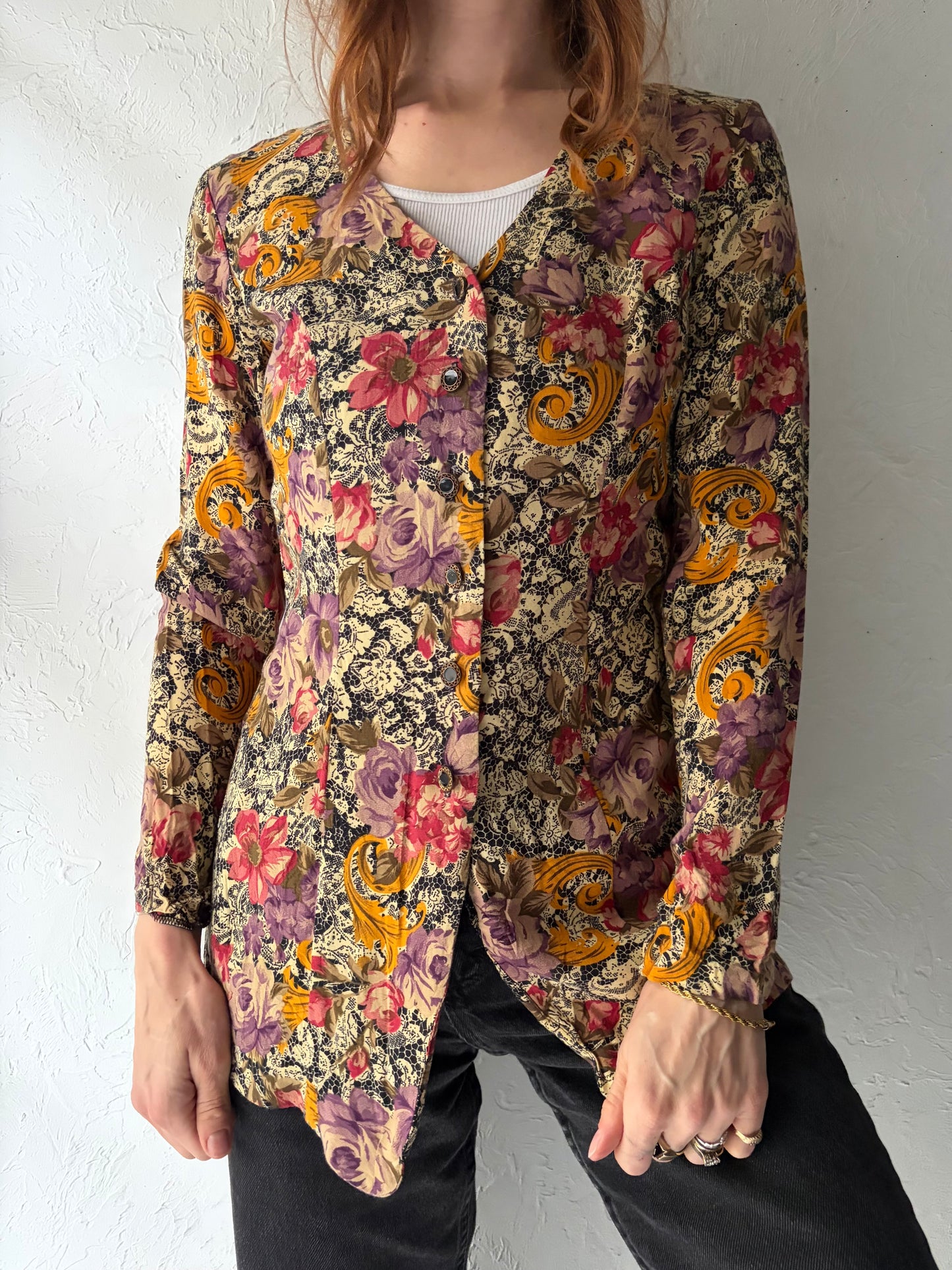 80s 'Algo' Floral Patterned Retro Top / Small