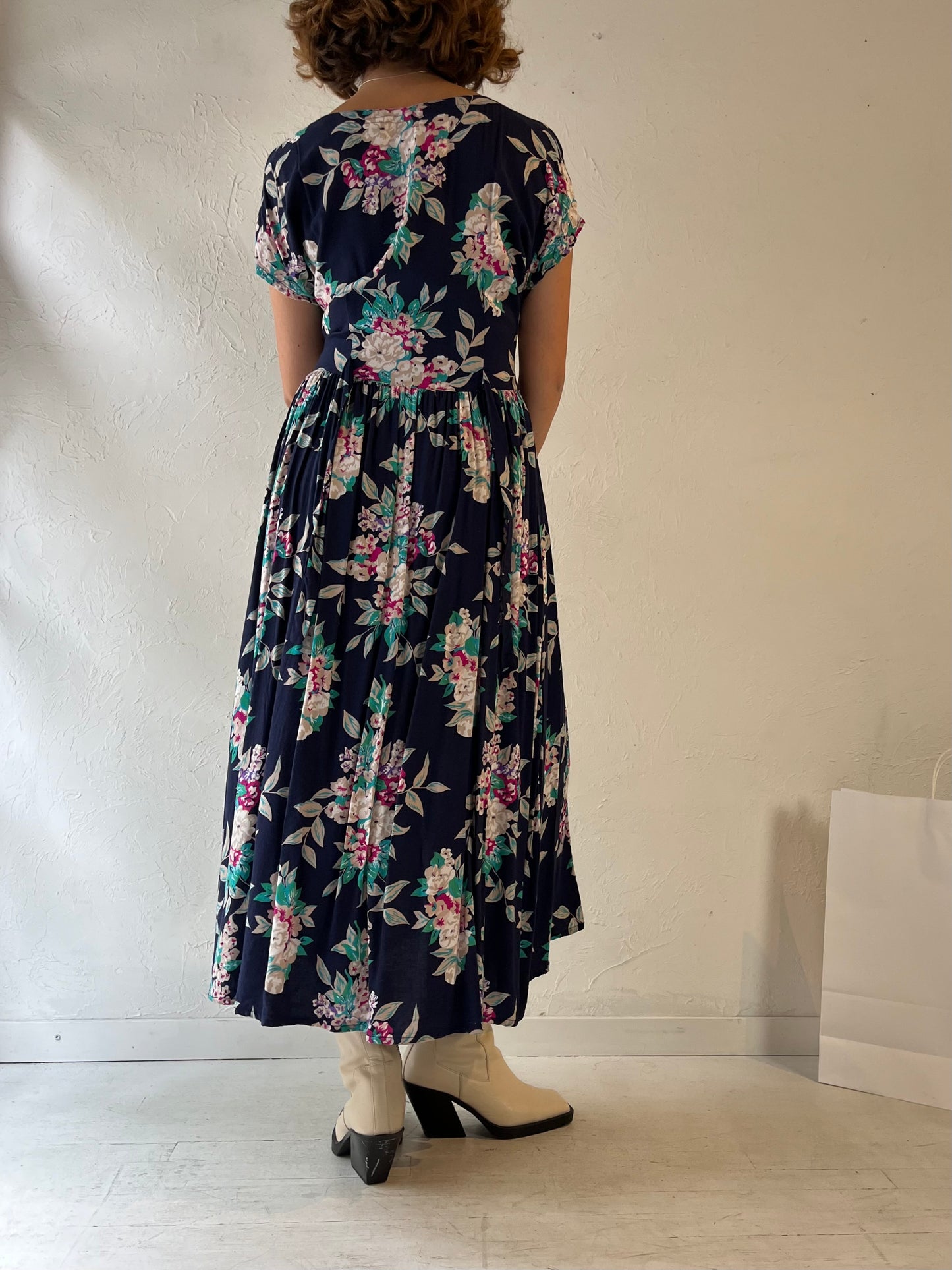 90s 'Cypress' Button Up Floral Print Dress / Medium