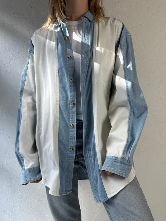 90s ‘Buffalo Station’ Two Tone Button Up Denim Shirt / Large