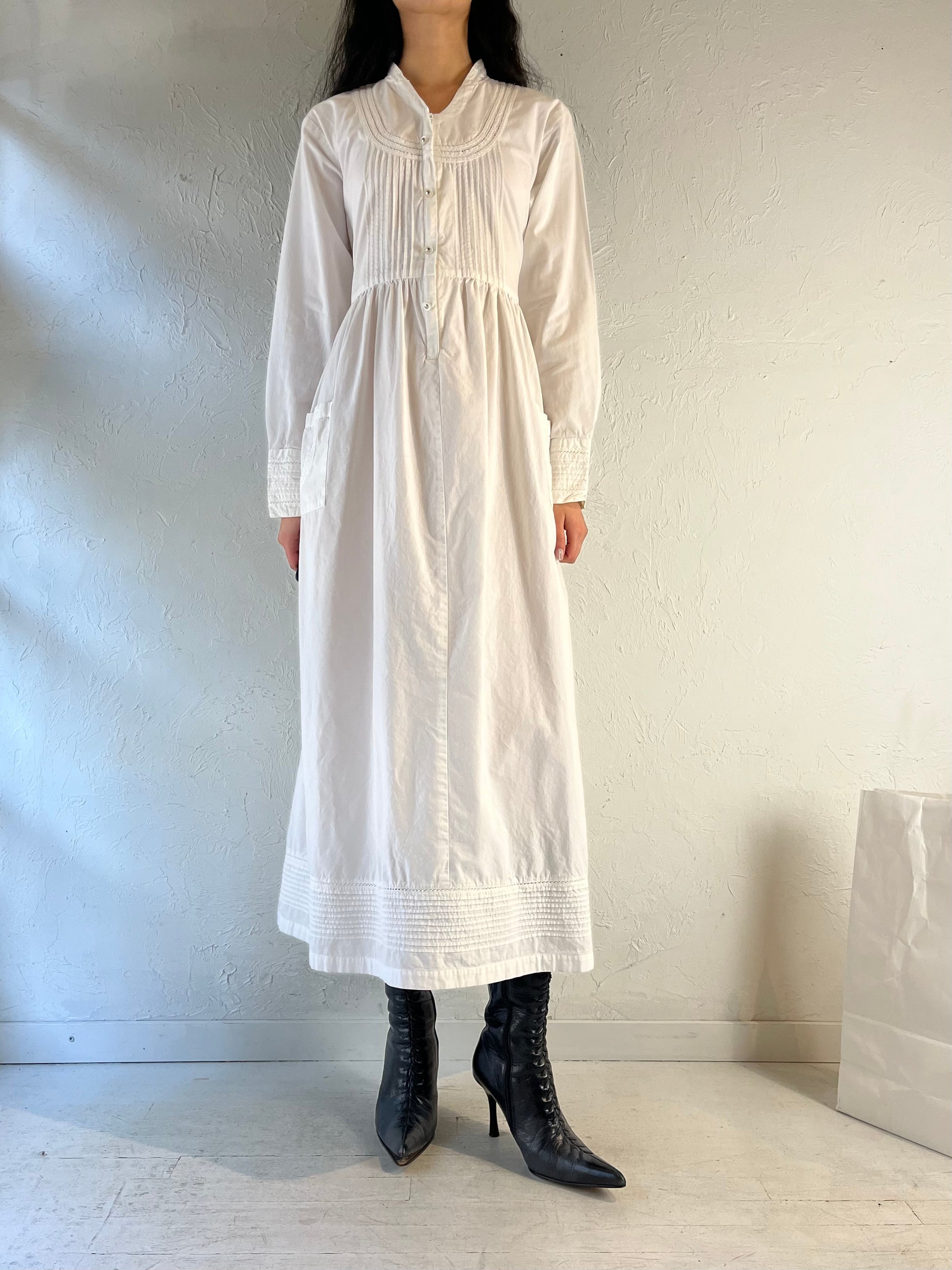 90s ‘Dressed In White’ Long Sleeve White Cotton Dress / Medium