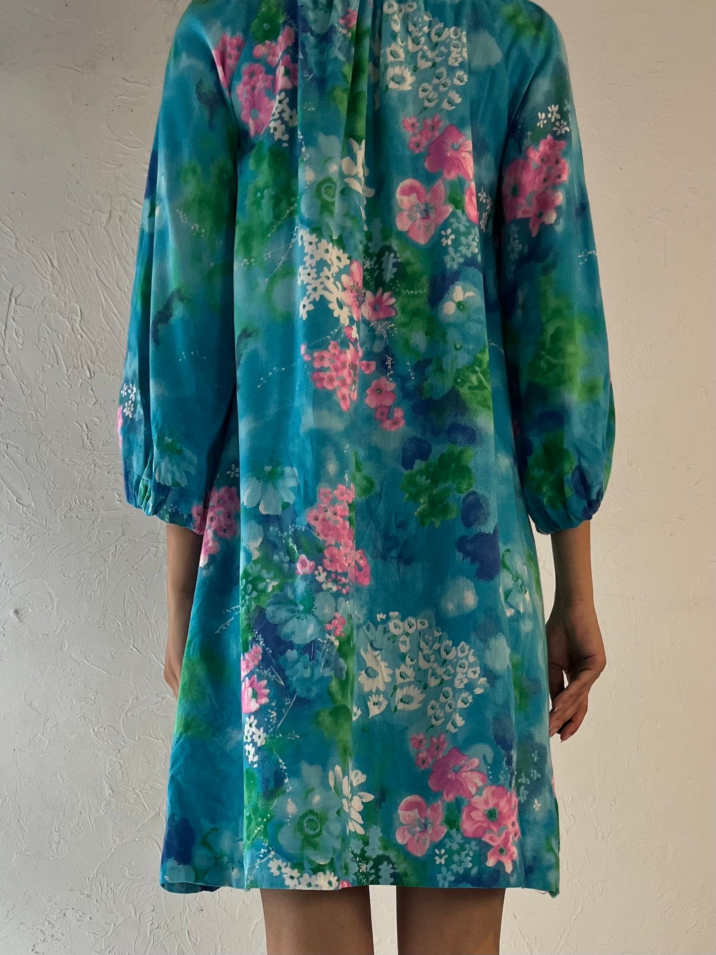 70s Handmade Blue Floral Shift Dress / Small