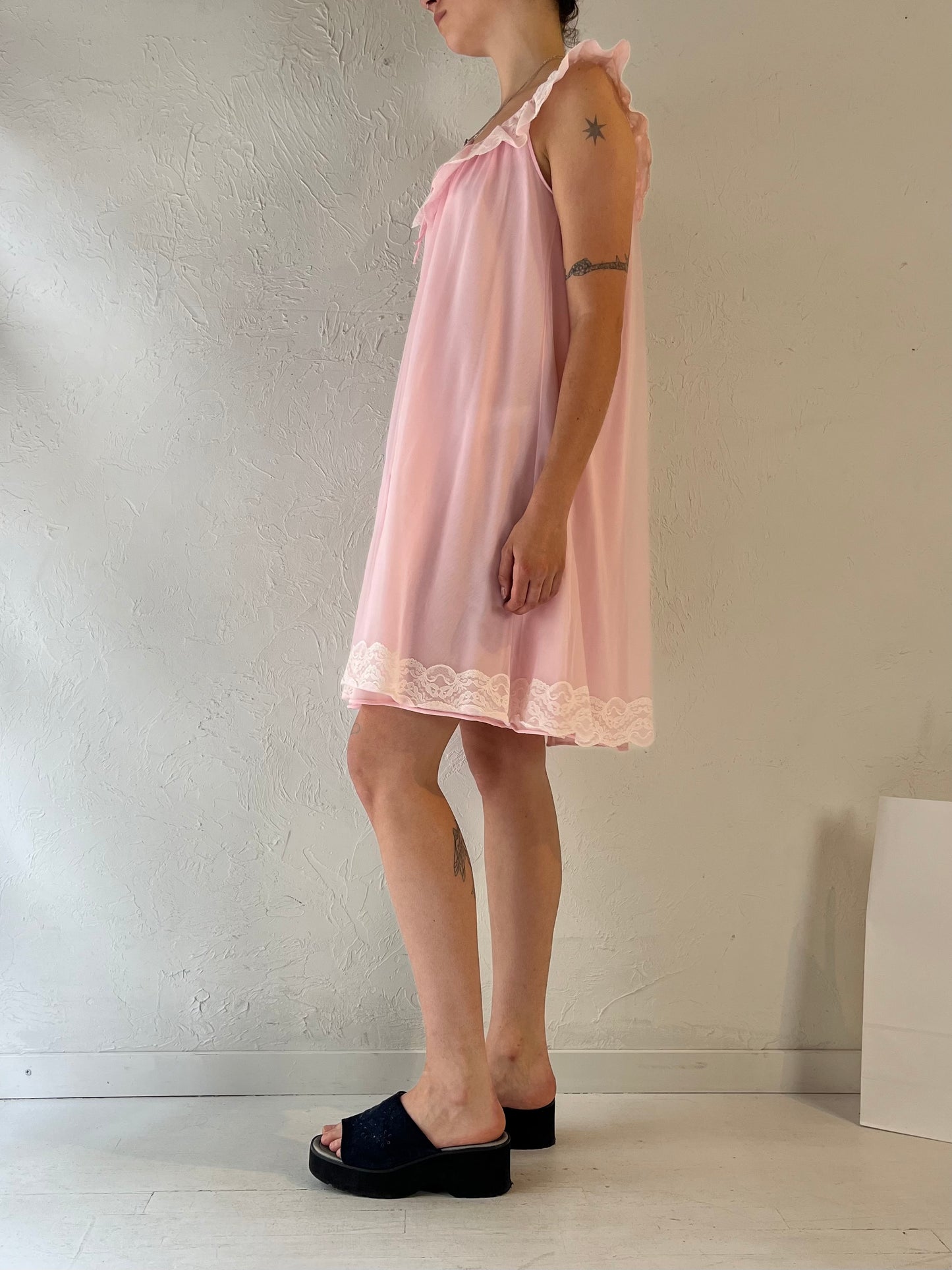 Vintage Pink Lacey Mesh Mini Night Gown / Small