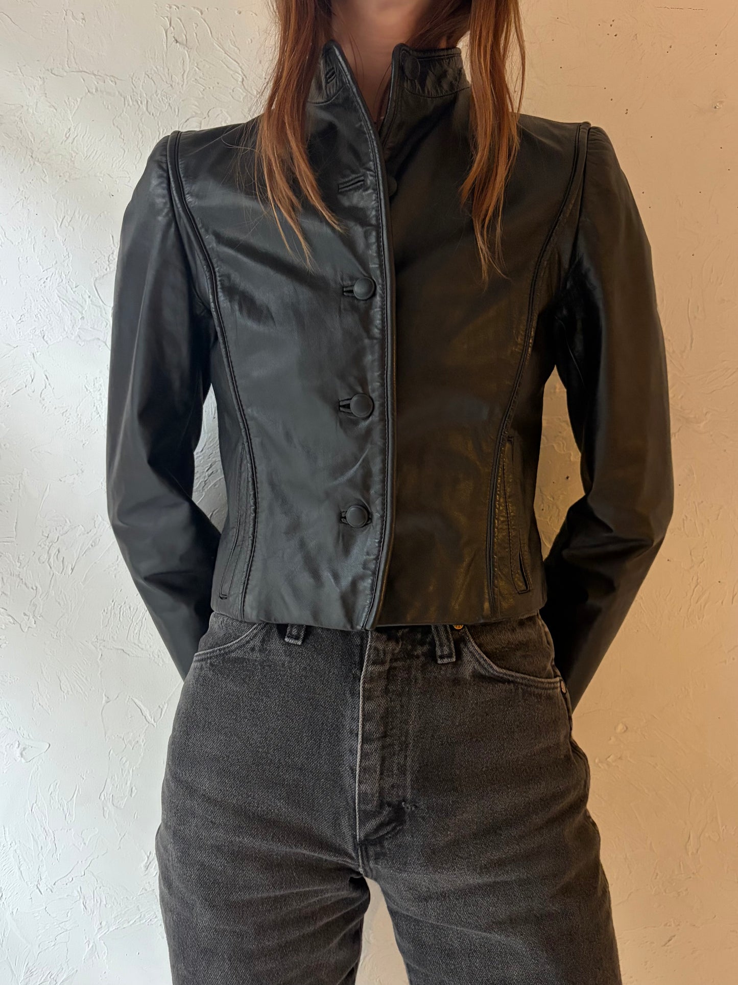 90s 'Fox Moor' Black Minimalist Leather Jacket / Small