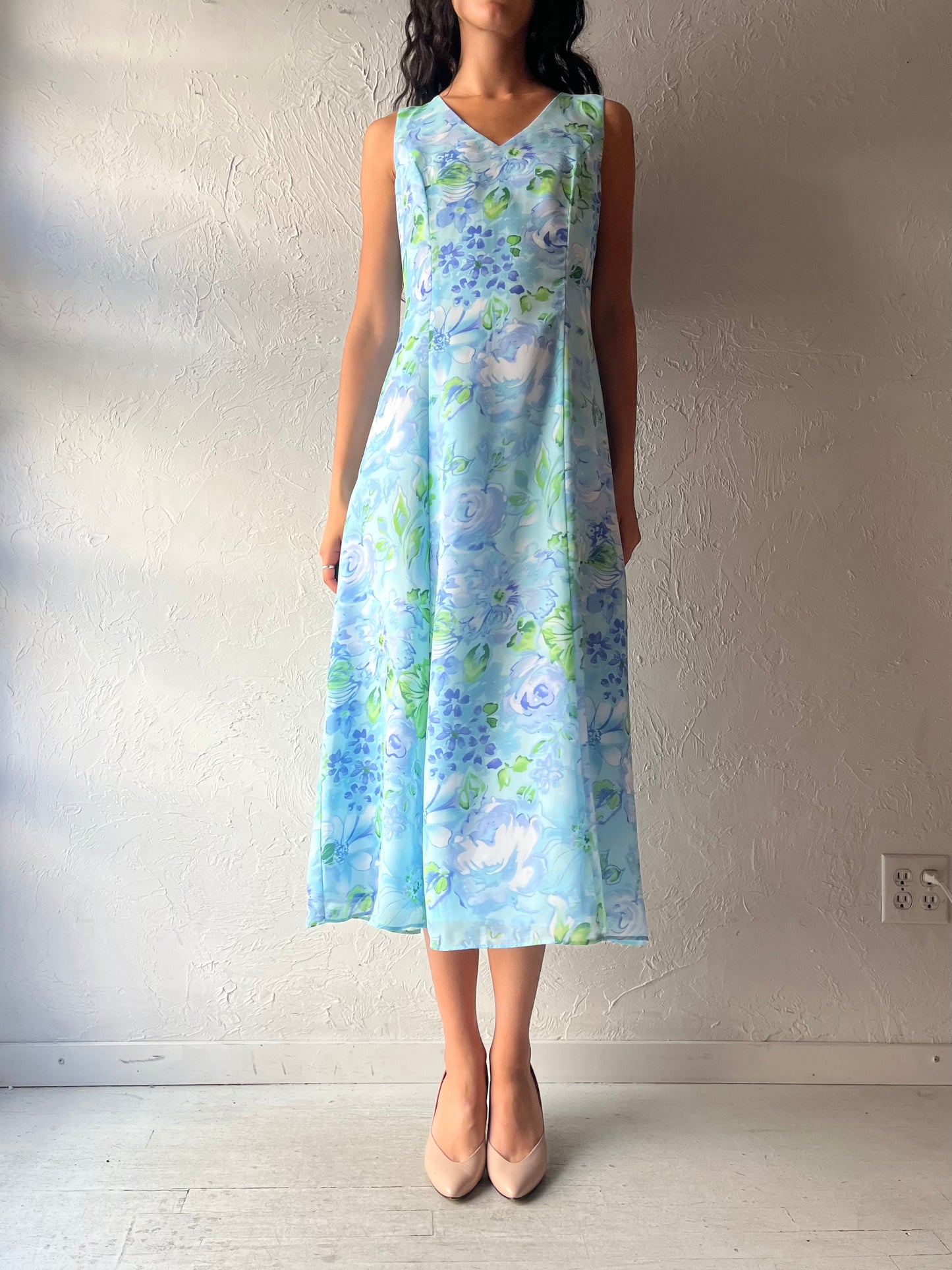 90s 'Danny & Nicole' Blue Floral Midi Dress / Medium