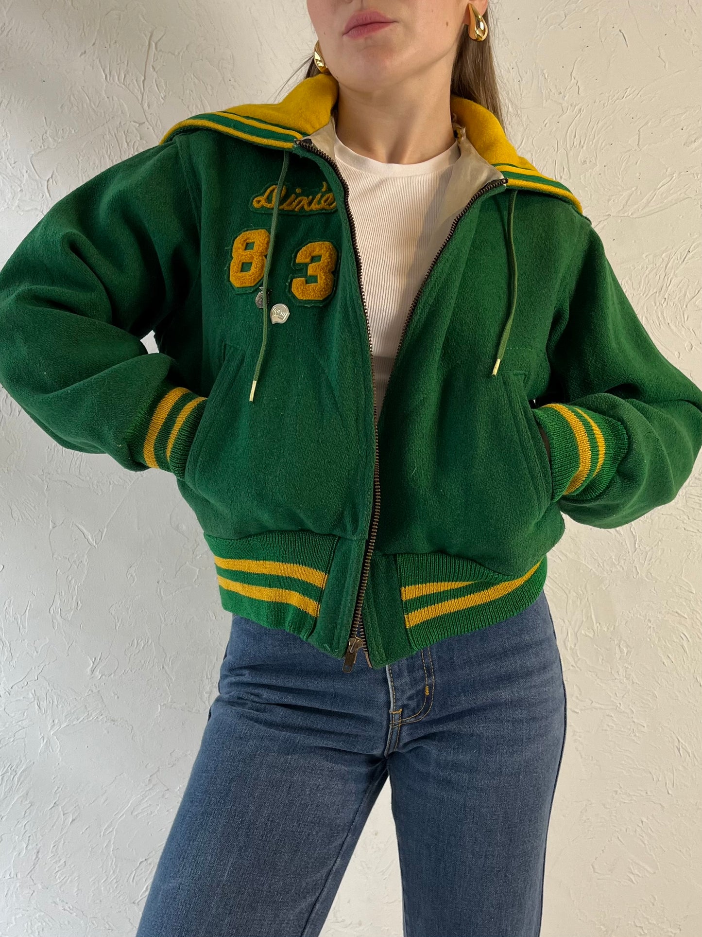 70s Youth Green Wool Varsity Jacket / Union Made / Small