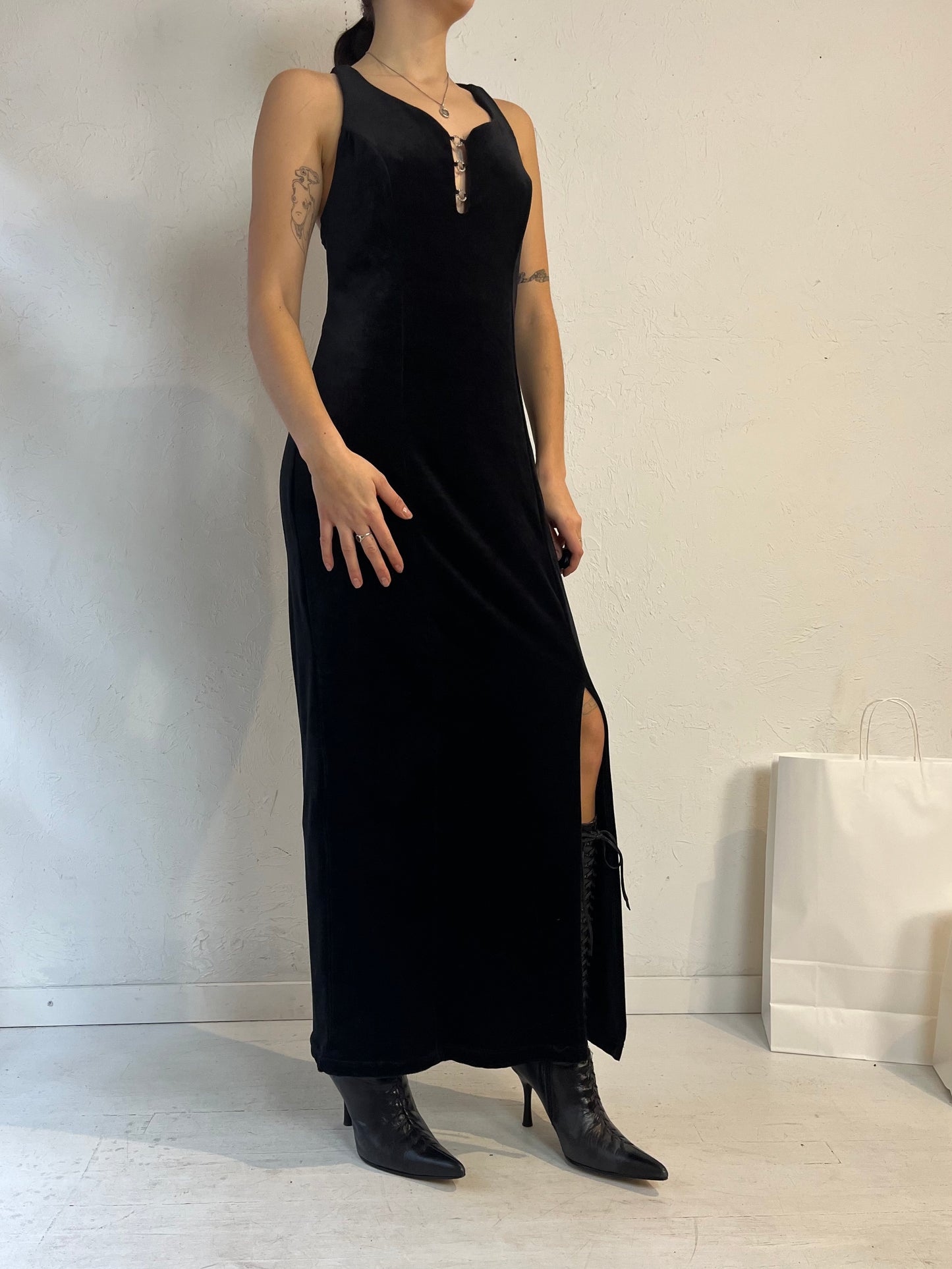 90s 'Tempo' Black Velvet Evening Dress / Small - Medium