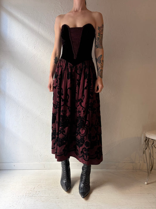 80s 'Scott McClintock' Strapless Burnt Velvet Formal Dress / Small