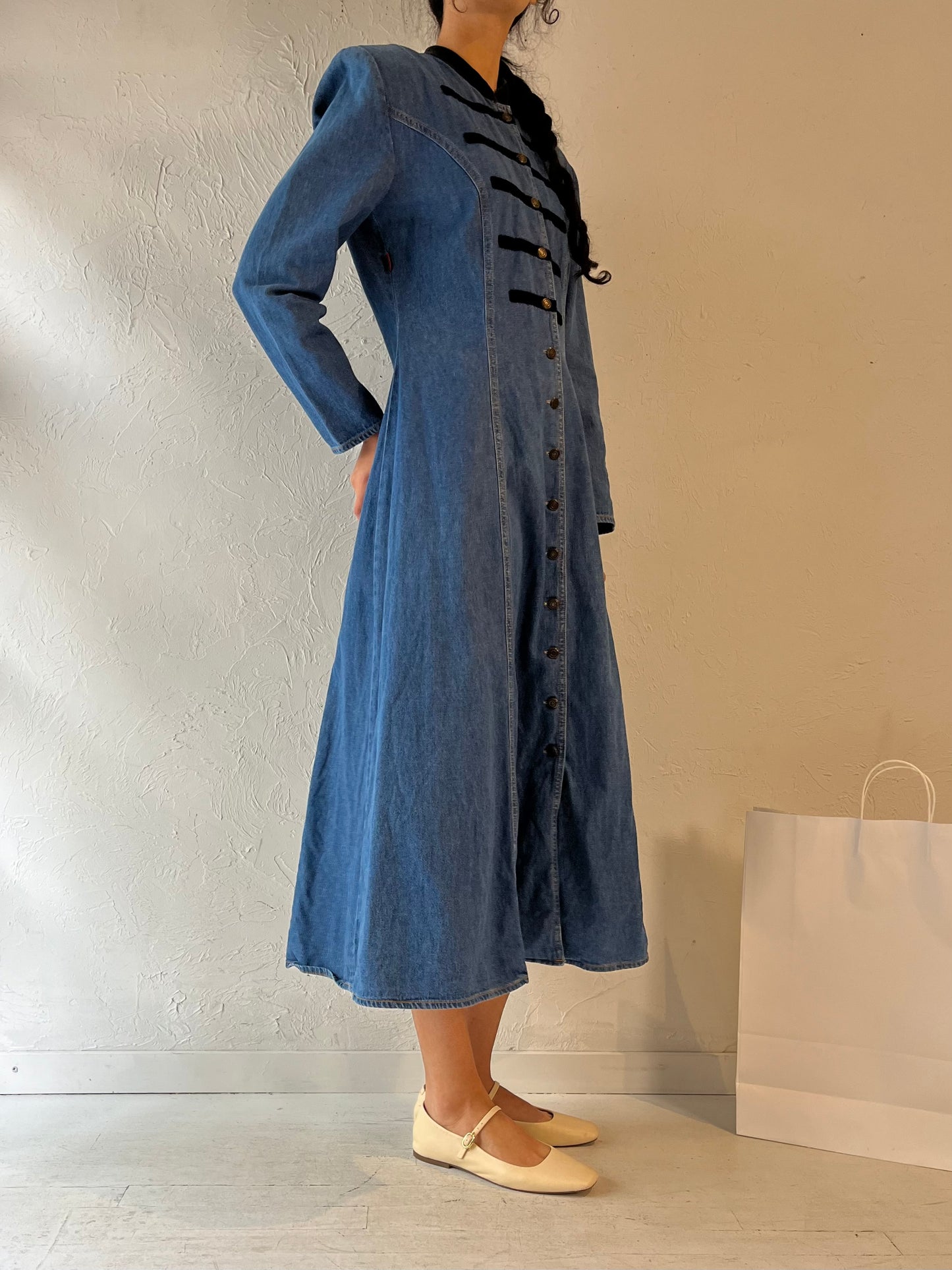 90s 'Sketches' Long Sleeve Denim Dress / Medium