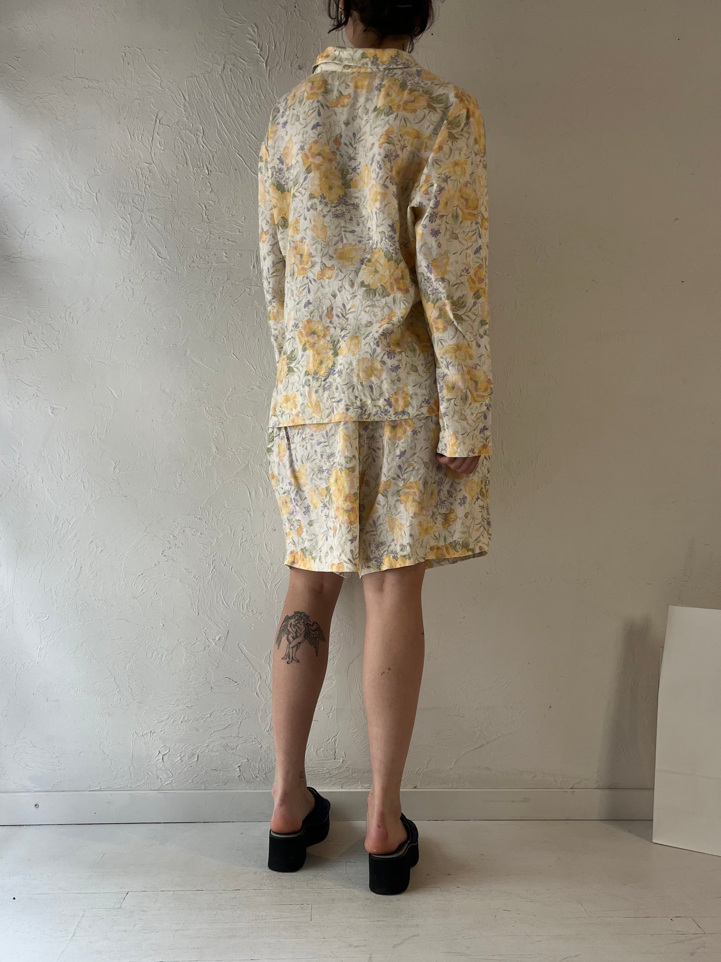 90s 'Jones Wear' Yellow Floral Linen Set / Large