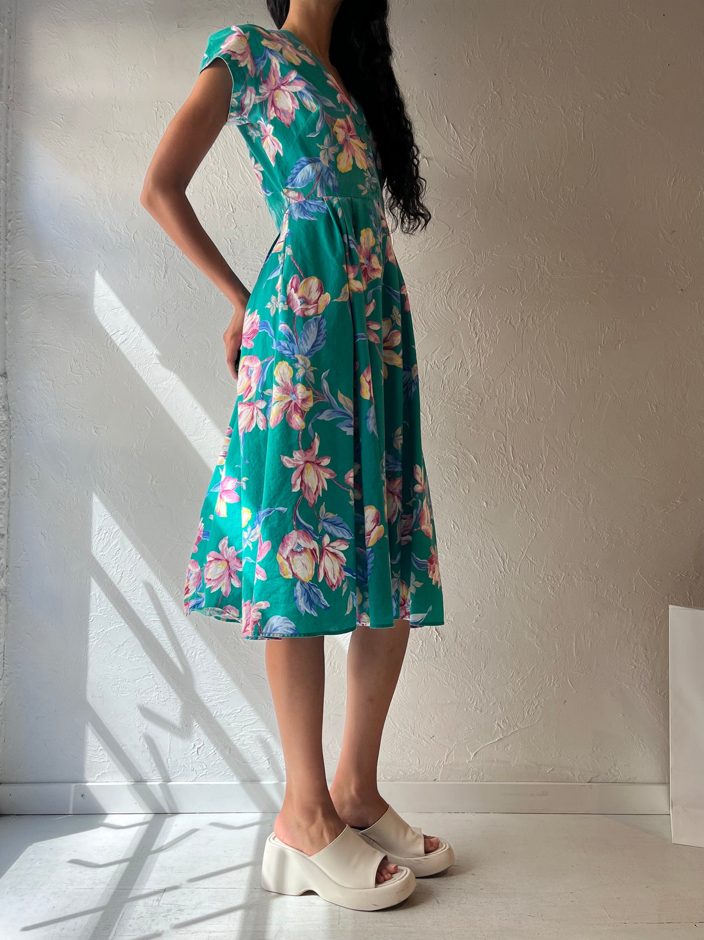 90s 'Carol Anderson' Blue Floral Cotton Midi Dress / Small