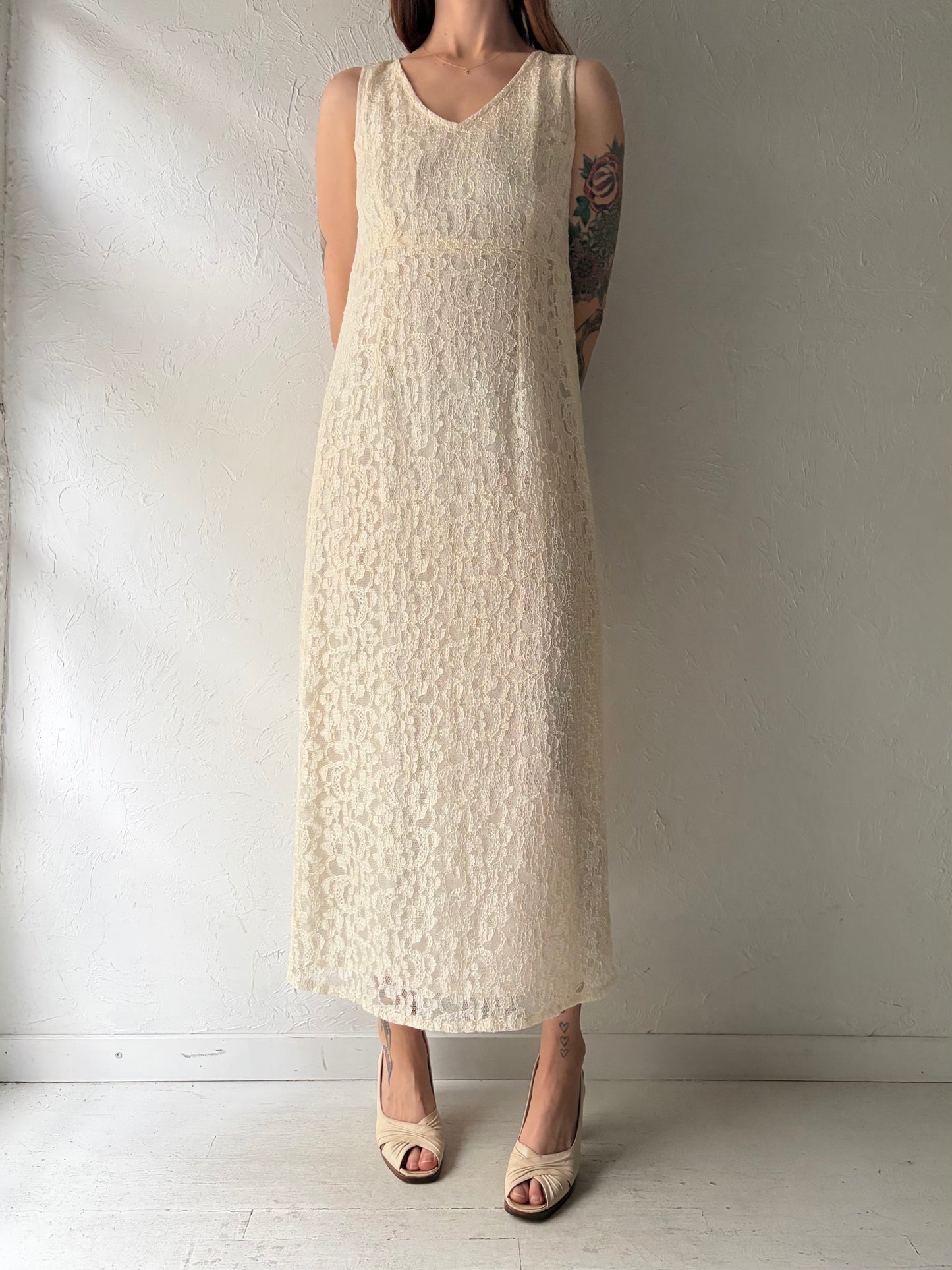 90s 'Lauritz' White Romanic Lace Maxi Summer Dress / Vintage 1990s Minimalist Wedding Gown / Medium