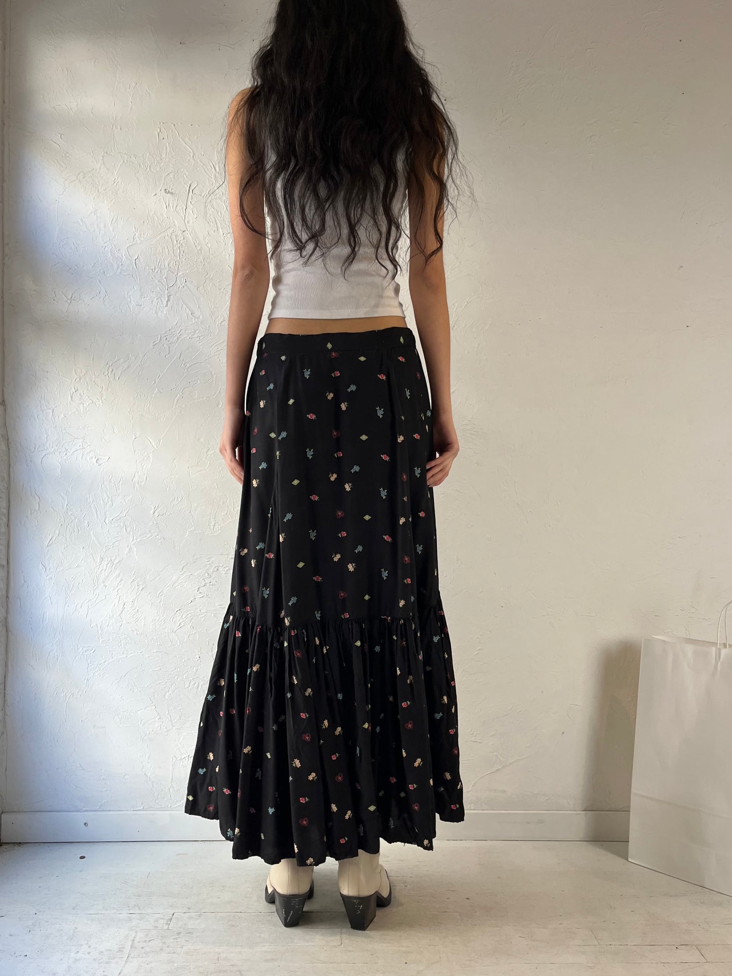 90s ‘Desert West’ Black Tiered Maxi Skirt / Medium