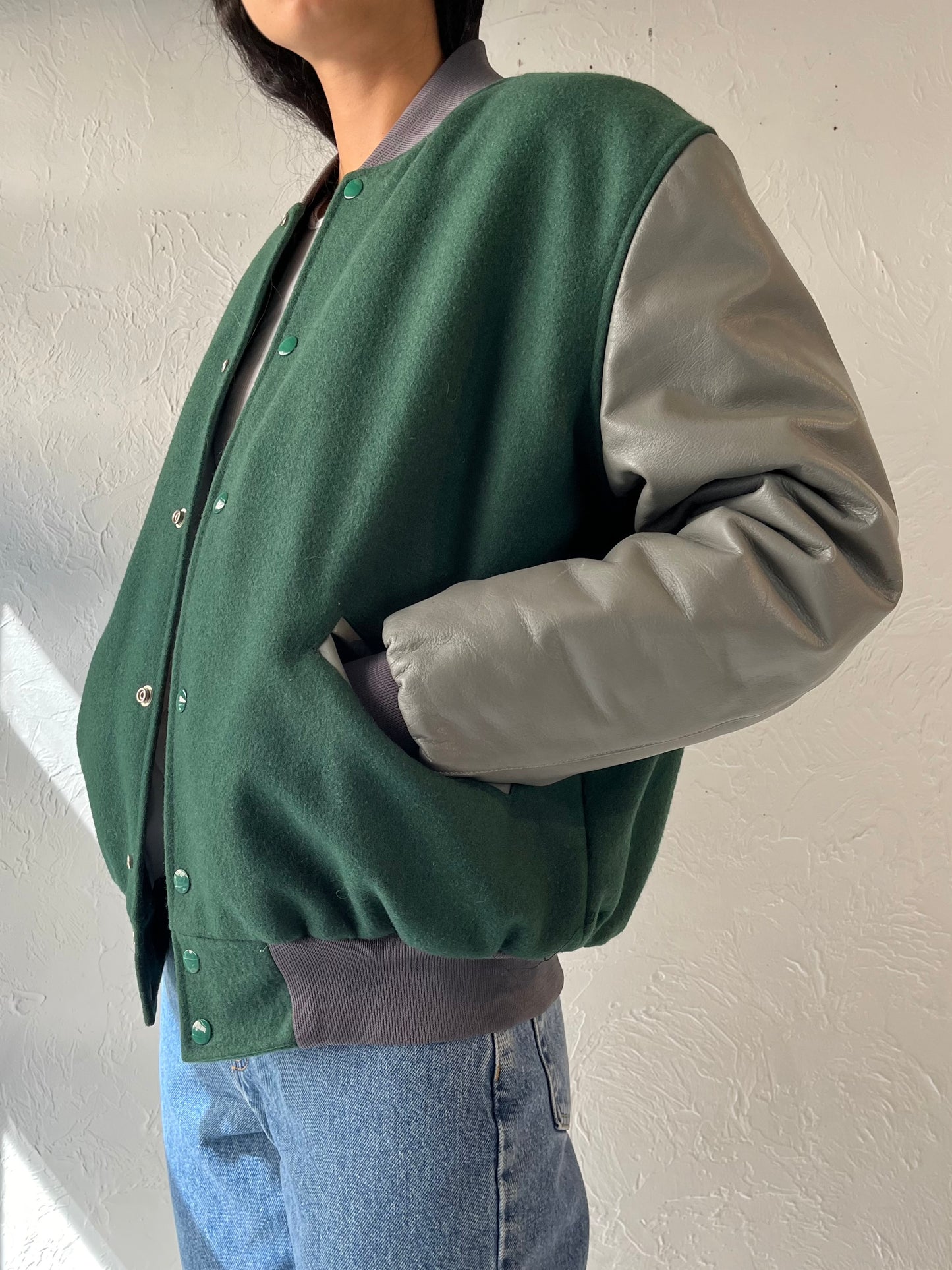 80s 'Chevron' Green Wool Leather Bomber Jacket / Medium