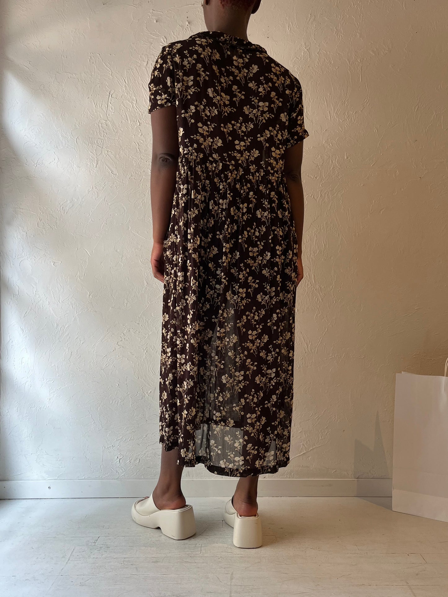 90s 'April Cornell' Brown Floral Print Rayon Midi Dress / Large