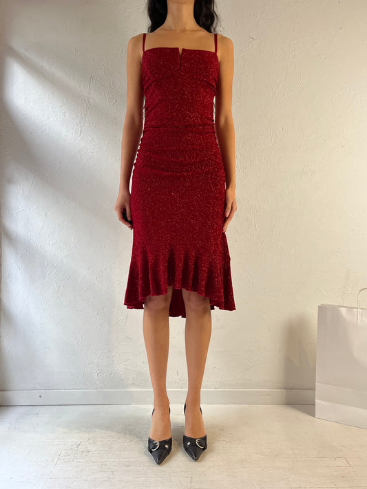 90s ‘Le Chateau’ Red Sparkly Evening Dress / Small - Medium