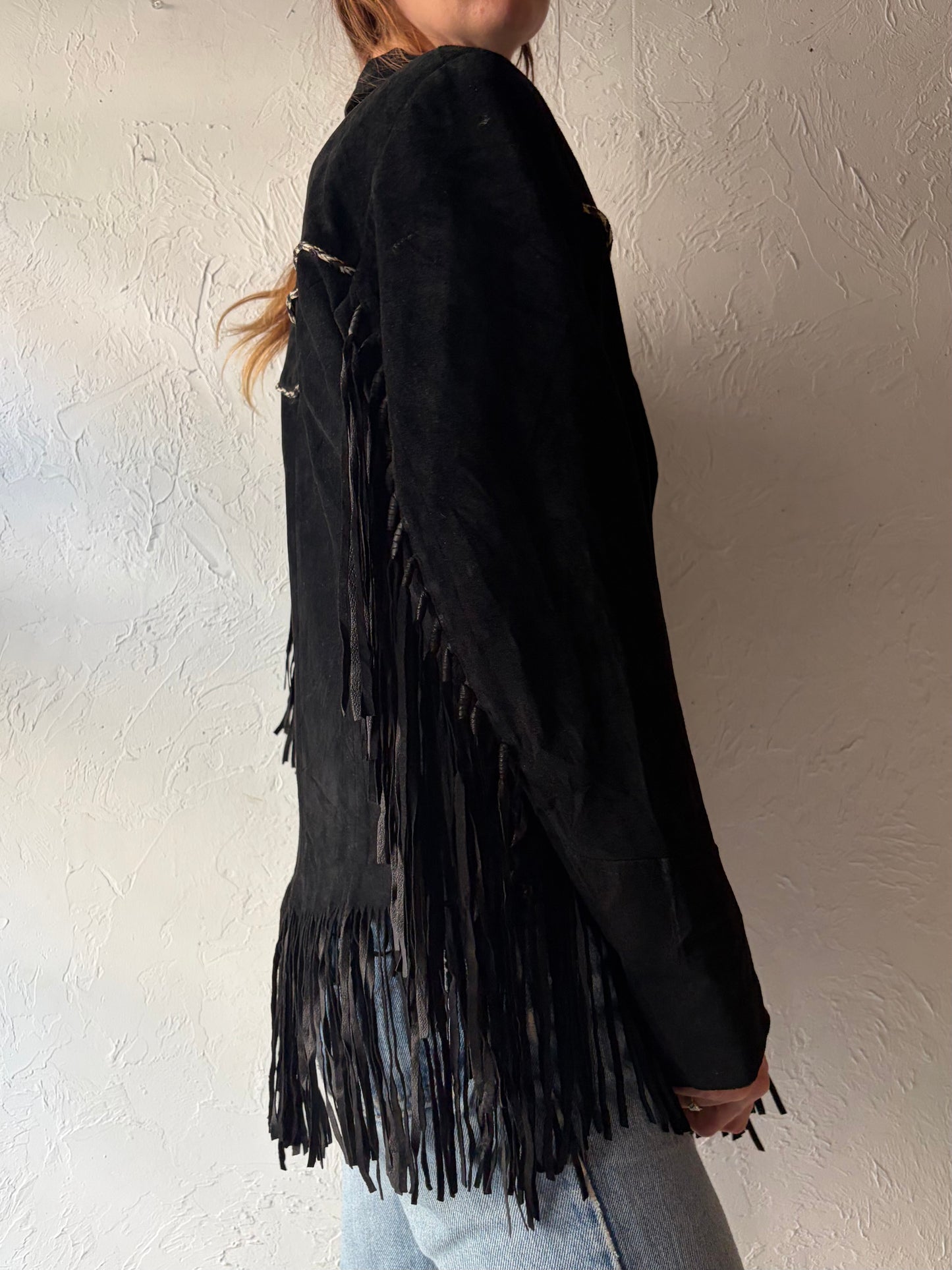 90s 'Pioneer Wear' Black Suede Leather Fringe Jacket / Medium