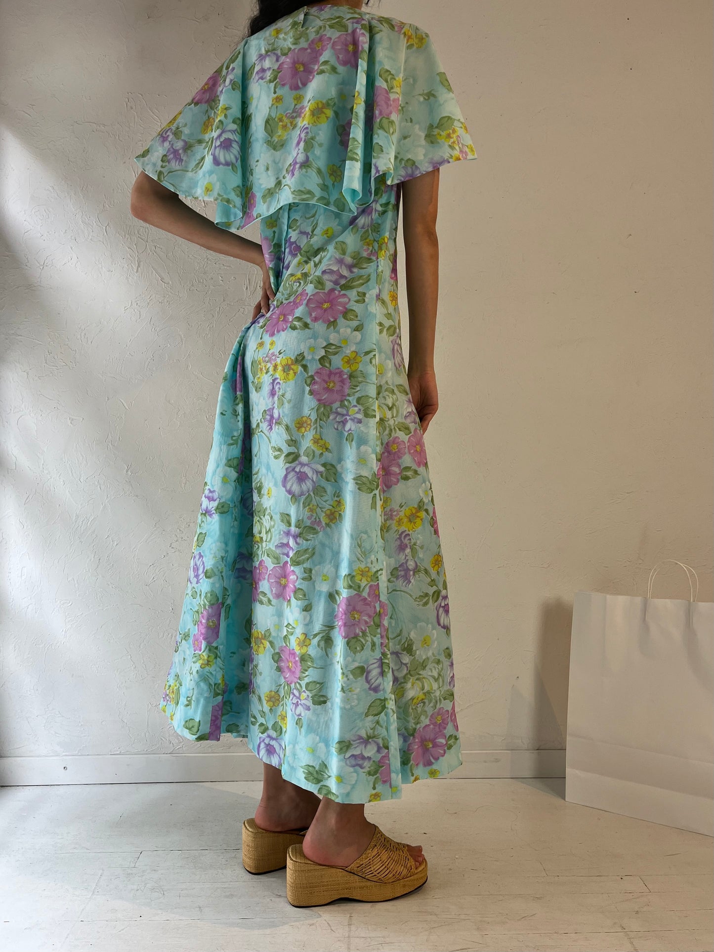 70s Handmade Blue Floral Kaftan Dress / Medium