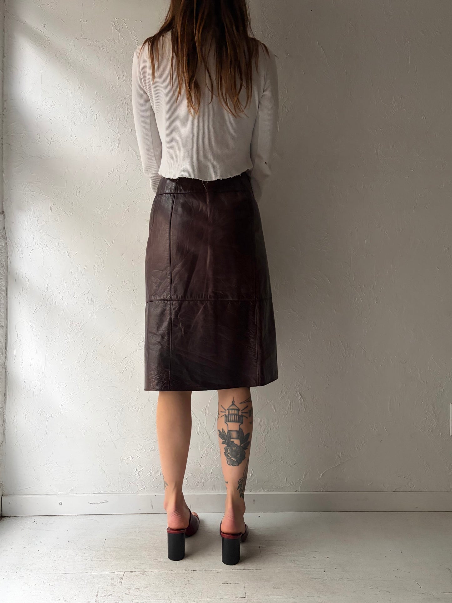 90s 'Anne Klein' Burgundy Leather High Waisted Midi Skirt / Small
