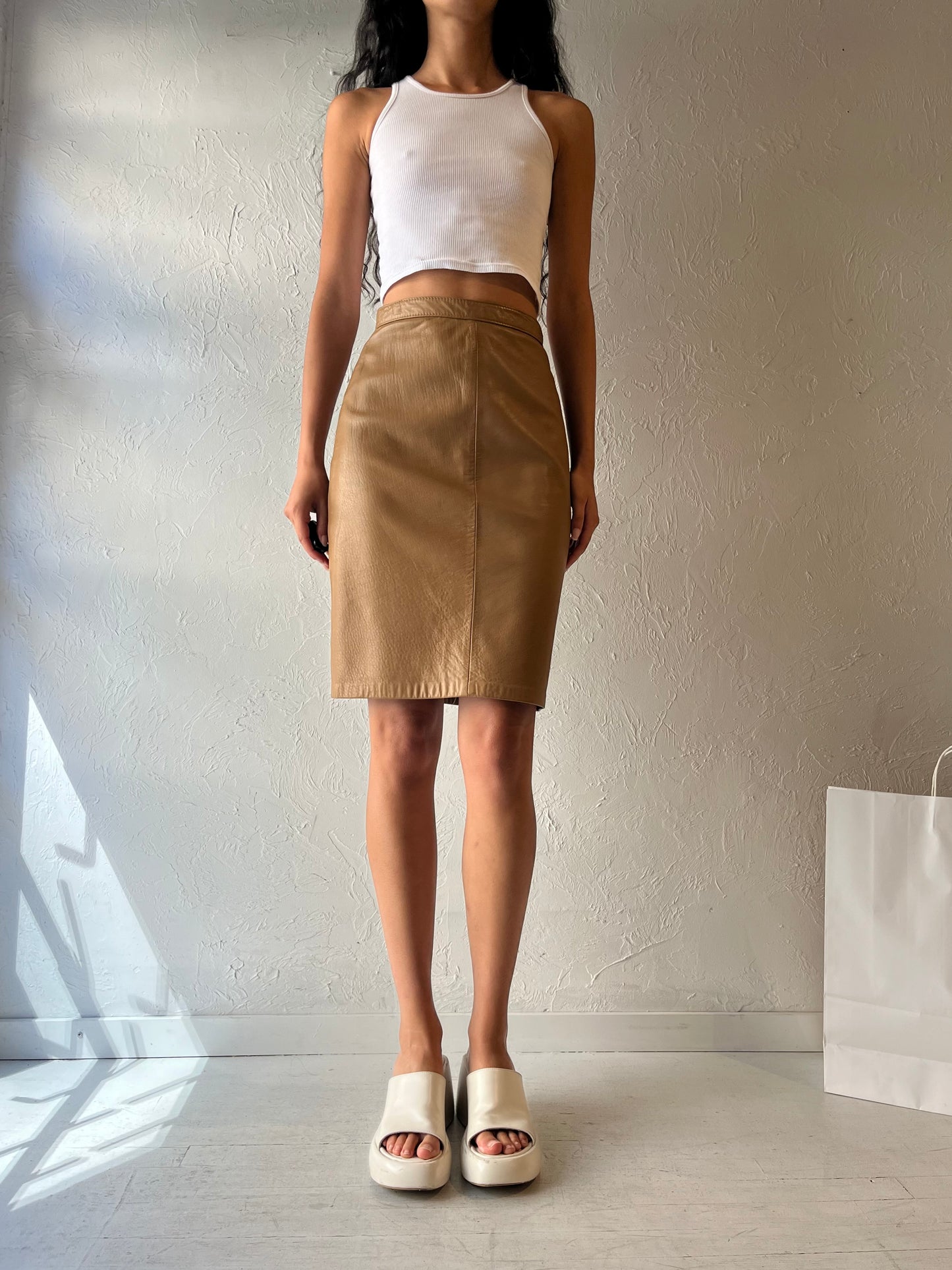 90s 'Marquis' Brown Leather Mini Skirt / Small