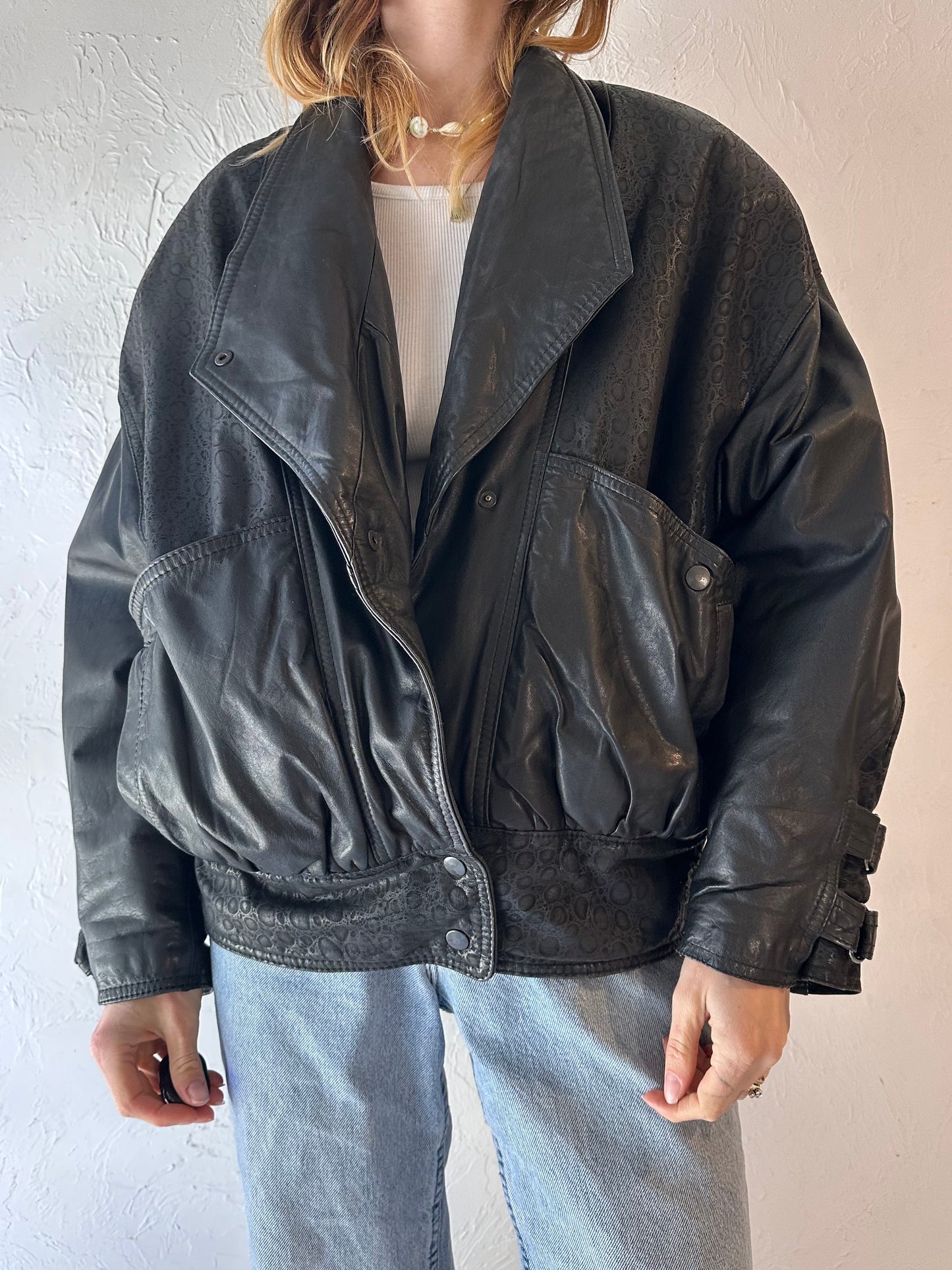 90s 'Naj Orleari' Black Leather Bomber Jacket / Small