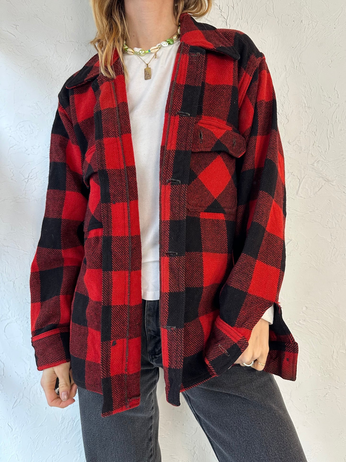 70s 'Bemidji' Red Wool Plaid Flannel Shirt / Medium