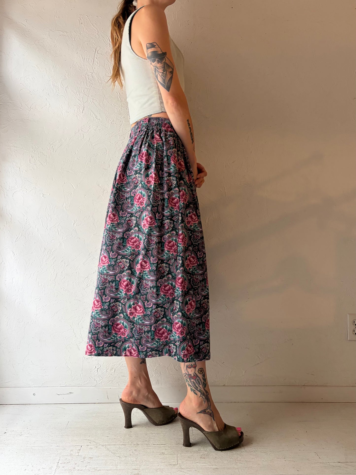 90s 'Lady Footlocker' Floral Midi Skirt / Small